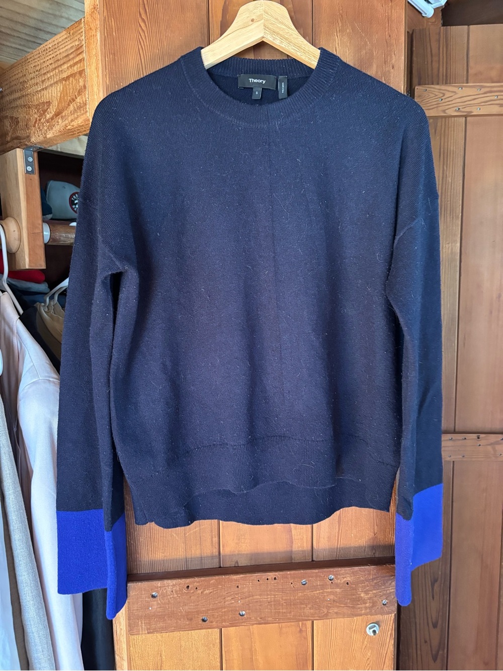 Theory Navy Crewneck Sweater with Blue Cuff Detail
